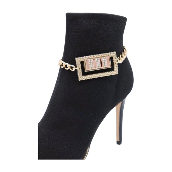 Women Gold Metal Boot Chain Bracelet Bling Shoe Square Charm Fashion Jewelry SET - Picture 6 of 17